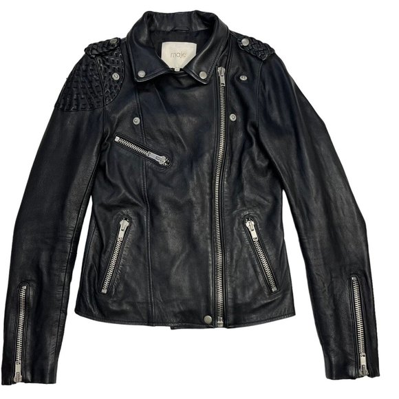 Maje Biker Moto Zip Jacket Black Lamb Leather Size 38 - Picture 6 of 16